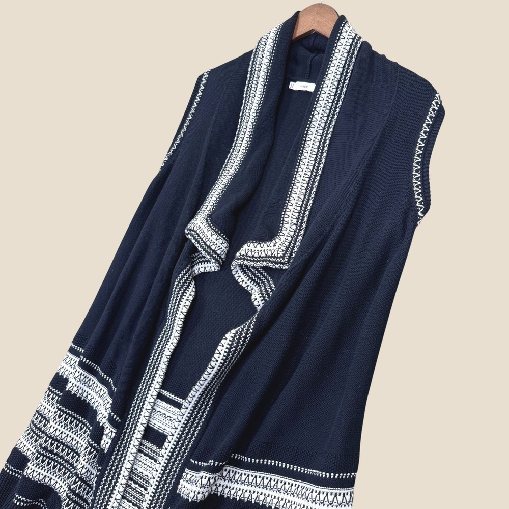 Vince Cardigan Women XS Black White Cotton Geometric Open Front Longline Vest